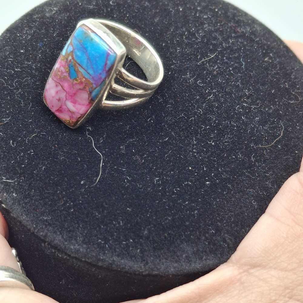 Pink and Blue Natural Stone Ring Sterling Silver 925 Sz 8
